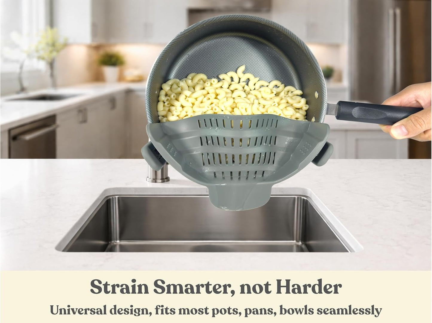 Clip On Strainer Silicone for Pots and Pans, Universal Fit Pasta Strainer and Pot Colander, Space Saving Food Drainer with Collapsible Funnel and Garlic Peeler, 3 Pcs Set, Gray