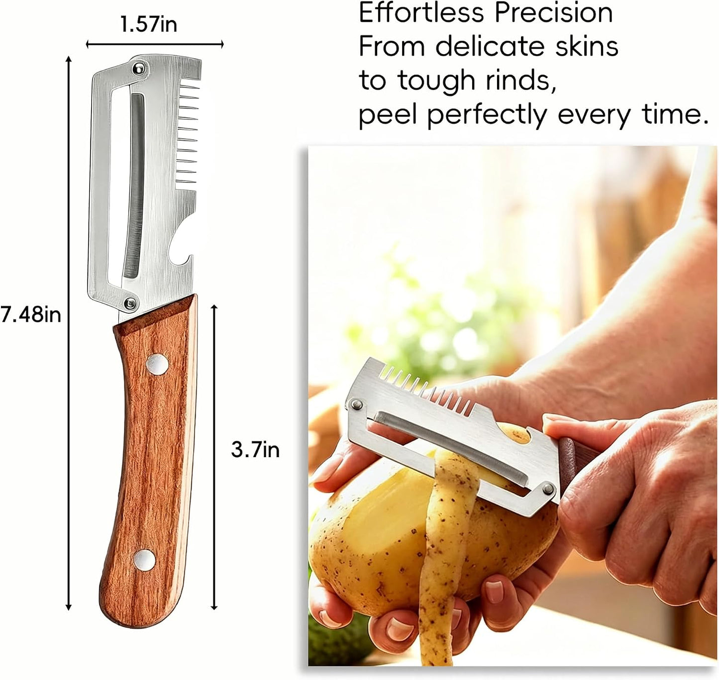 2-Pack Multifunctional Vegetable Peeler, 3 in 1 Stainless Steel Peeler with Wooden Handle, Julienne Peeler & Bottle Opener, Kitchen Vegetable Peelers for Potato, Carrot, Apple, Fruits & Veggies