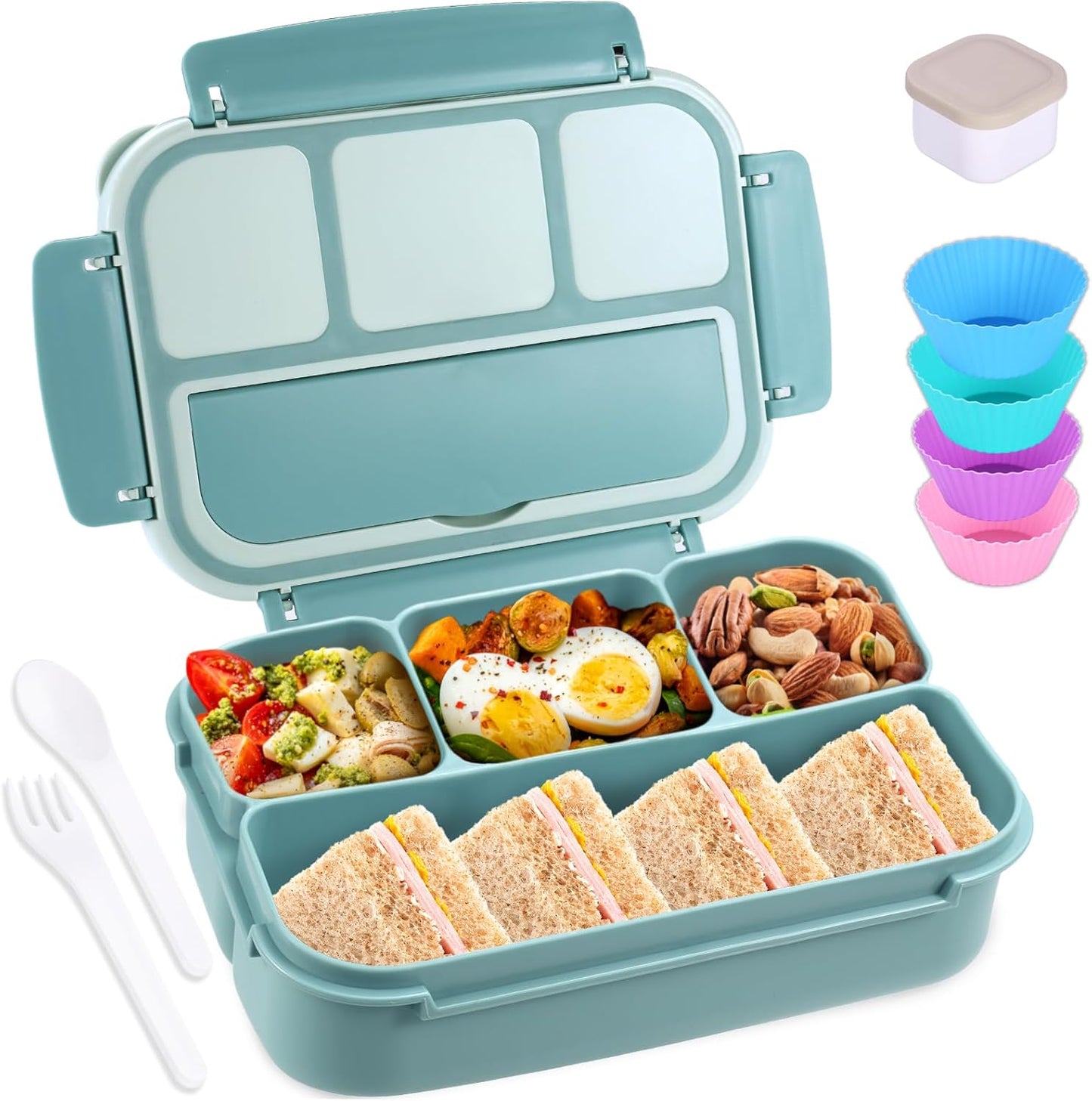 Bento Box Adult Lunch Box, Lunch Containers for Kids Girls Boys with 4 Compartments, Lunchable Food Container with Utensils, Sauce Jar, Muffin Liners, 40 Oz/5 Cup, Microwave Safe, Lavender