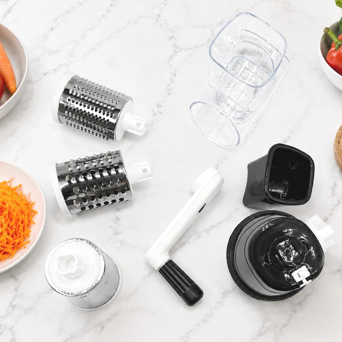 Rotary Cheese Grater with Hand Crank, 3 Blades, Clear Drum, Black
