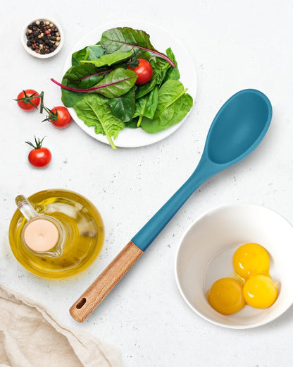 Large Silicone Cooking Spoons, Nonstick Solid Wooden Handle Spoon, Heat Resistan Silicone Kitchen Spoons for Cooking, Serving, Basting, Mixing, 13.2inch (Grey)