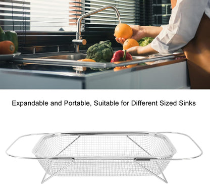 Over the Sink Colander, Expandable Baskets with Fine Mesh Strainer Handle Stainless Steel Rectangle Kitchen Colanders for Strain Drain Rinse Fruits Vegetables Pasta New Home Essentials (Silver)