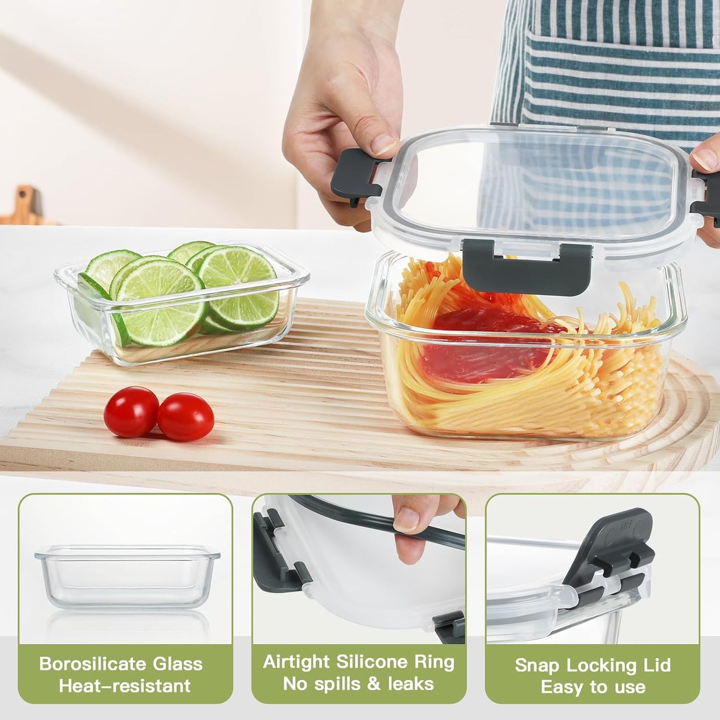 BAYZZ 24 Piece Glass Food Storage Containers with Lids, Airtight Glass Meal Prep Containers for Kitchen, BPA-Free Lunch Box, Microwave and Freezer Safe