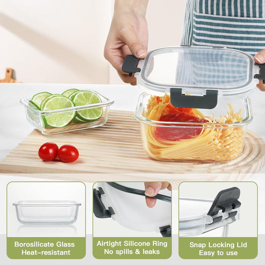 BAYZZ 24 Piece Glass Food Storage Containers with Lids, Airtight Glass Meal Prep Containers for Kitchen, BPA-Free Lunch Box, Microwave and Freezer Safe