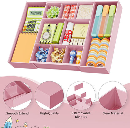 Marbrasse Expandable Desk Drawer Organizer, Clear Plastic Drawer Organizer Tray with 10 Adjustable Compartments, Desk Organizers and Accessories, 5 Drawer Dividers for Office Supplies, Makeup(Clear)