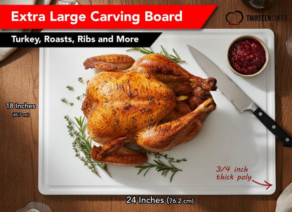 Thirteen Chefs 18x12 White Cutting Board with Groove, 1/2" Thick Plastic