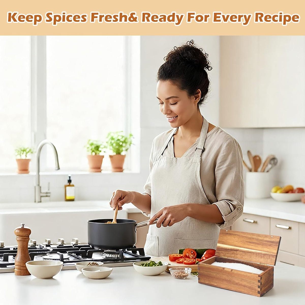 Acacia Wood Salt Cellar Spice Box with Magnetic Lid 29oz Large Capacity Salt Organizer 3 Compartments for Kitchen Countertop, Pepper, Seasonings, Spices, Grilling & Cooking