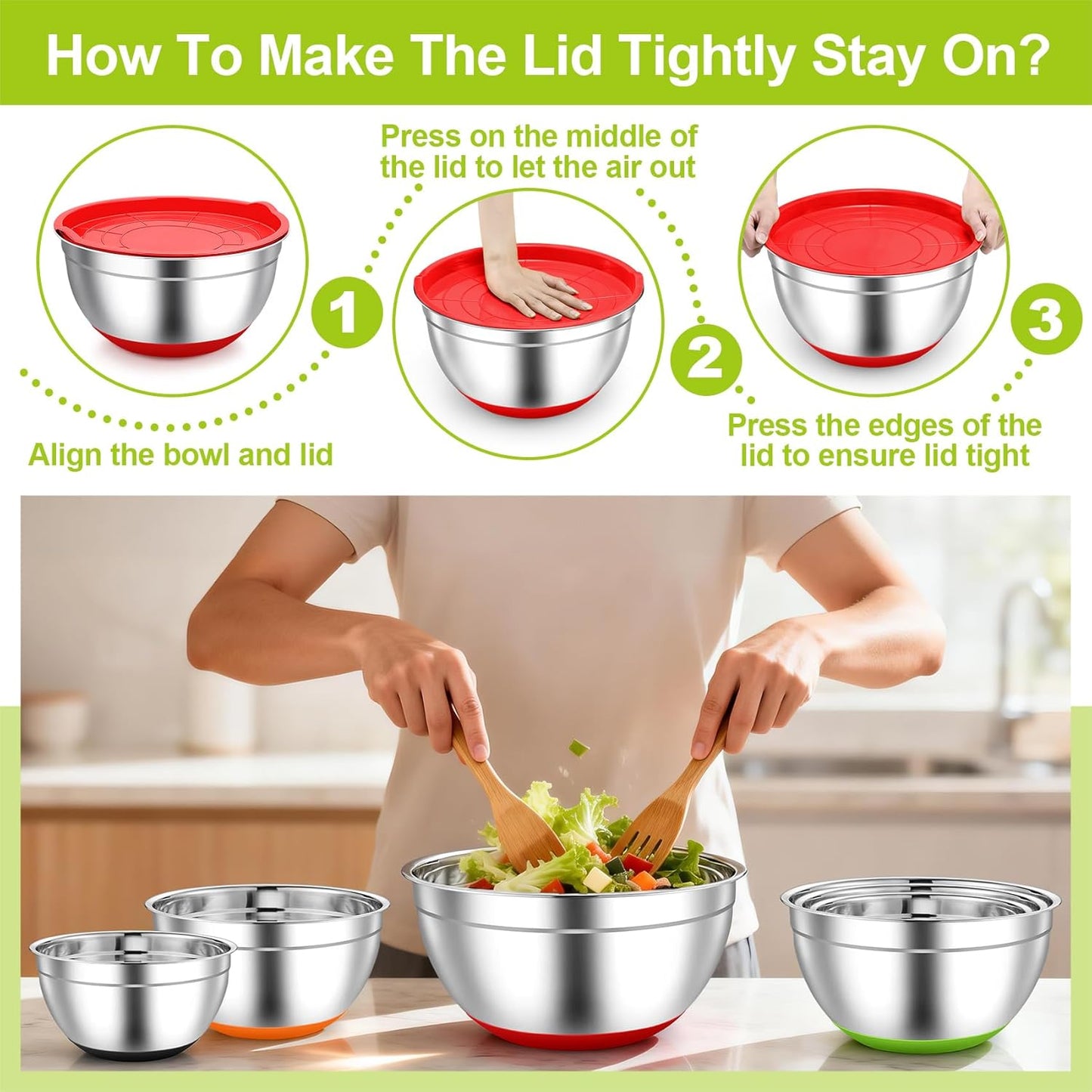 TeamFar Mixing Bowls, Stainless Steel Mixing Bowls with Lids, Nesting Salad Bowls with Air-tight Lids & Non-slip Bottom, Dishwasher Safe & Stackable, Set of 6-4.6/2.6/2 / 1.5/1 / 0.7 Qt