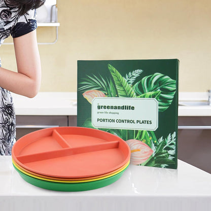greenandlife 9 Inch 4PCS Portion Control Plates with Lids, Divided Plates for Kids Adults, Dishwasher Microwave Safe Compartment Plate, Unbreakable Lightweight Reusable Wheat Straw Plate, Earth Tone