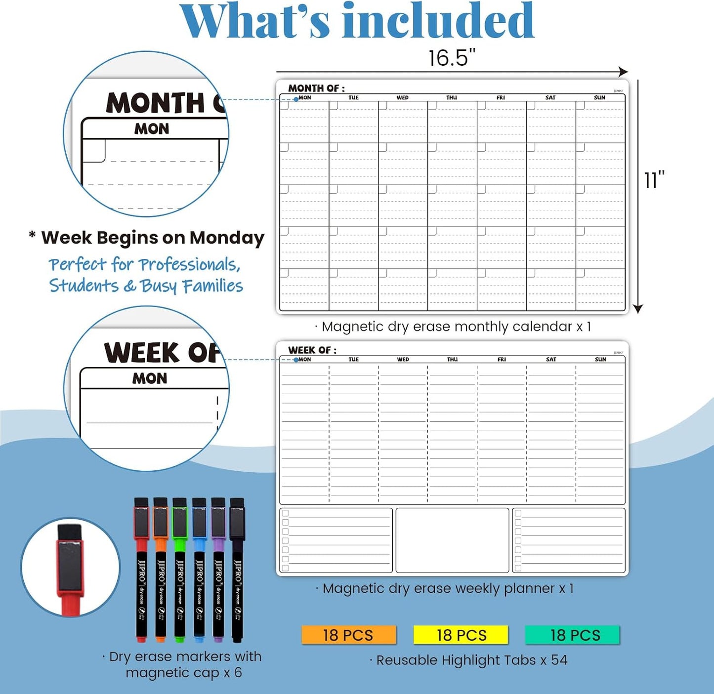 JJPRO Magnetic Dry Erase Calendar for Refrigerator-Reusable Monthly Calendar Starts Monday,Weekly Planner&to Do List for Fridge-Magnetic Monthly,Weekly Planner&List 2pcs-16.5x11"