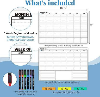 JJPRO Magnetic Dry Erase Calendar for Refrigerator-Reusable Monthly Calendar Starts Monday,Weekly Planner&to Do List for Fridge-Magnetic Monthly,Weekly Planner&List 2pcs-16.5x11"