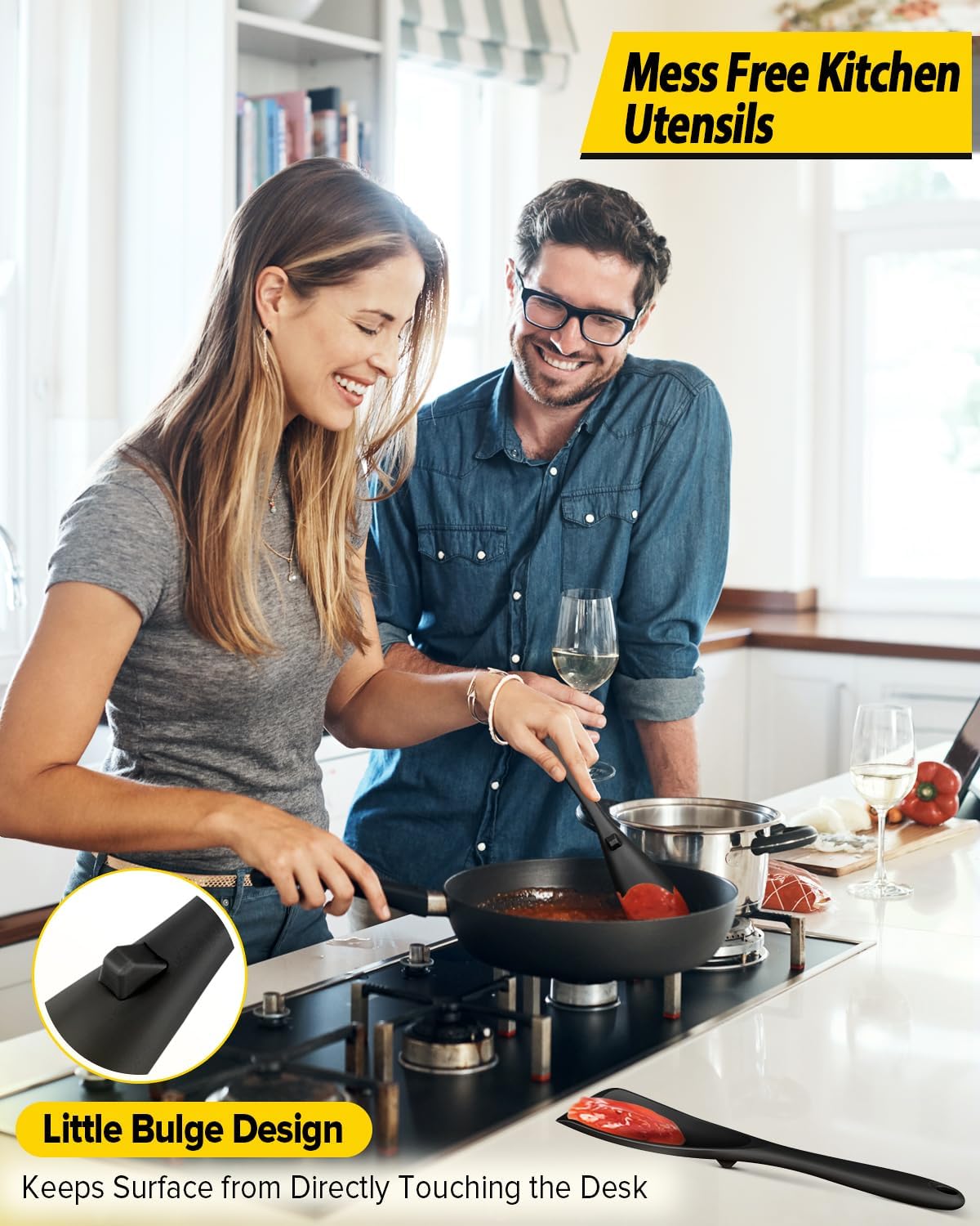 Pack of 2 Cooking Spoons for Non Stick Cookware, Multifunction Spatula Spoon BPA-Free, One-Piece Design, Suitable for Scooping, Scraping, Serving and Mixing(BLACK-GRAY)