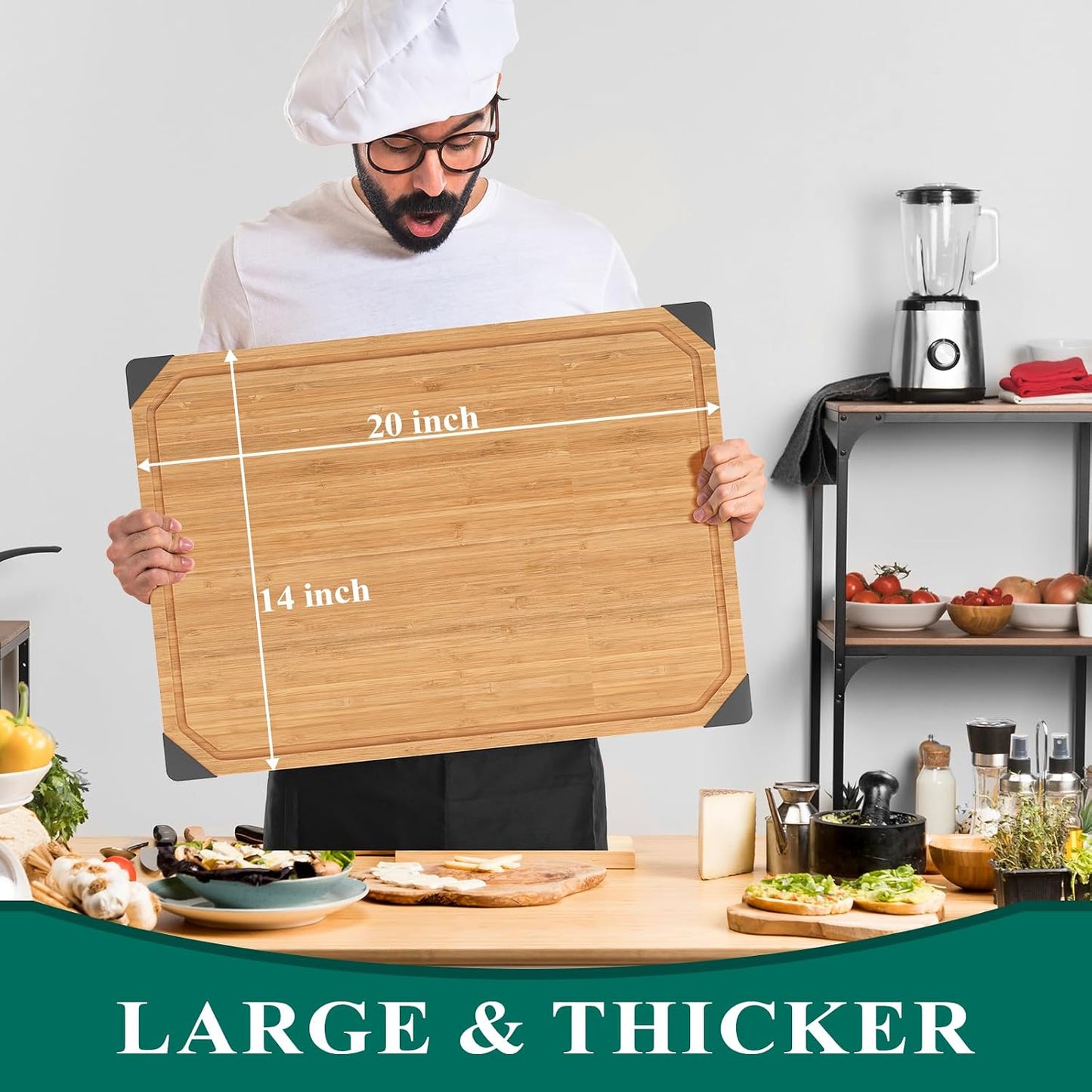 Bamboo Cutting Board, Empune 20" Wood Cutting Boards for Kitchen with Non-slip Rubber Feet Wooden Chopping Board for Meat and Vegetables, XXL