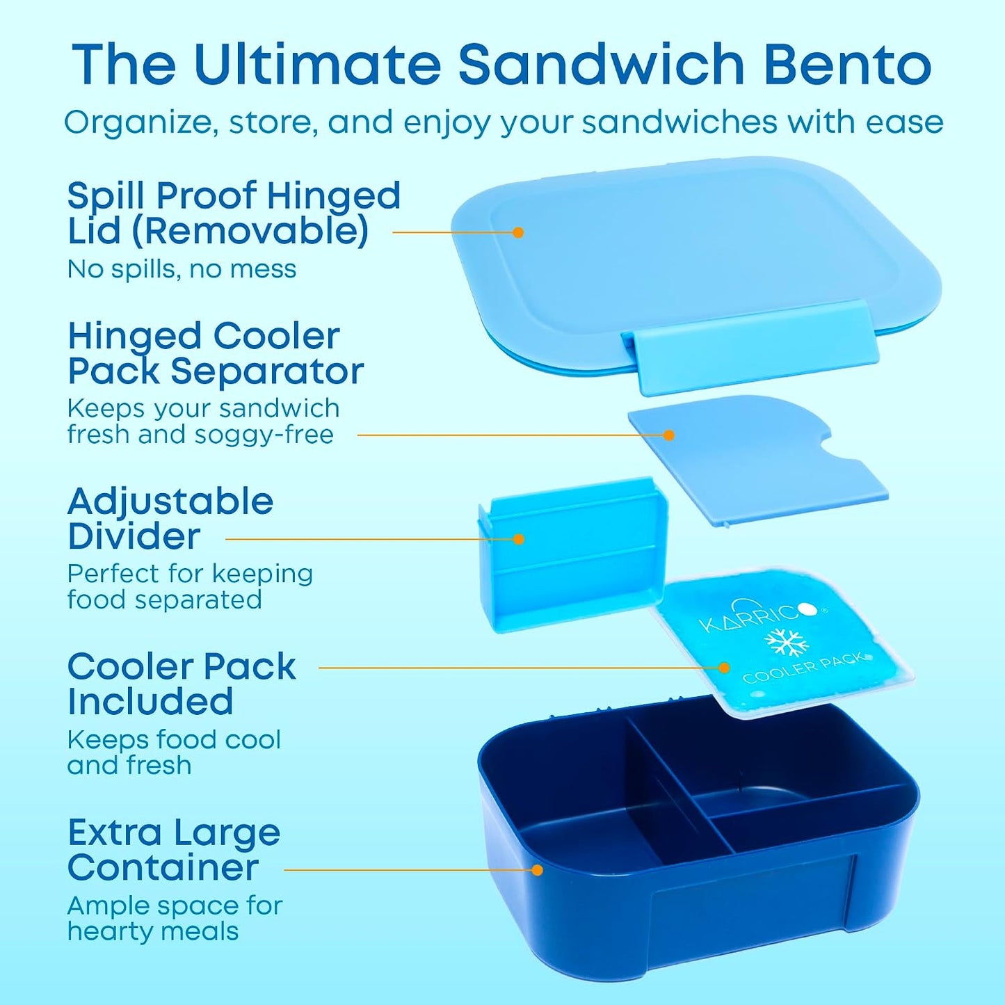 KARRICO Leakproof Lunch Box – 3-Compartment Bento Box, Cooler Pack & Adjustable Divider, Extra Large & BPA-Free – Dishwasher Safe, Ideal for On-the-Go Meals, Green