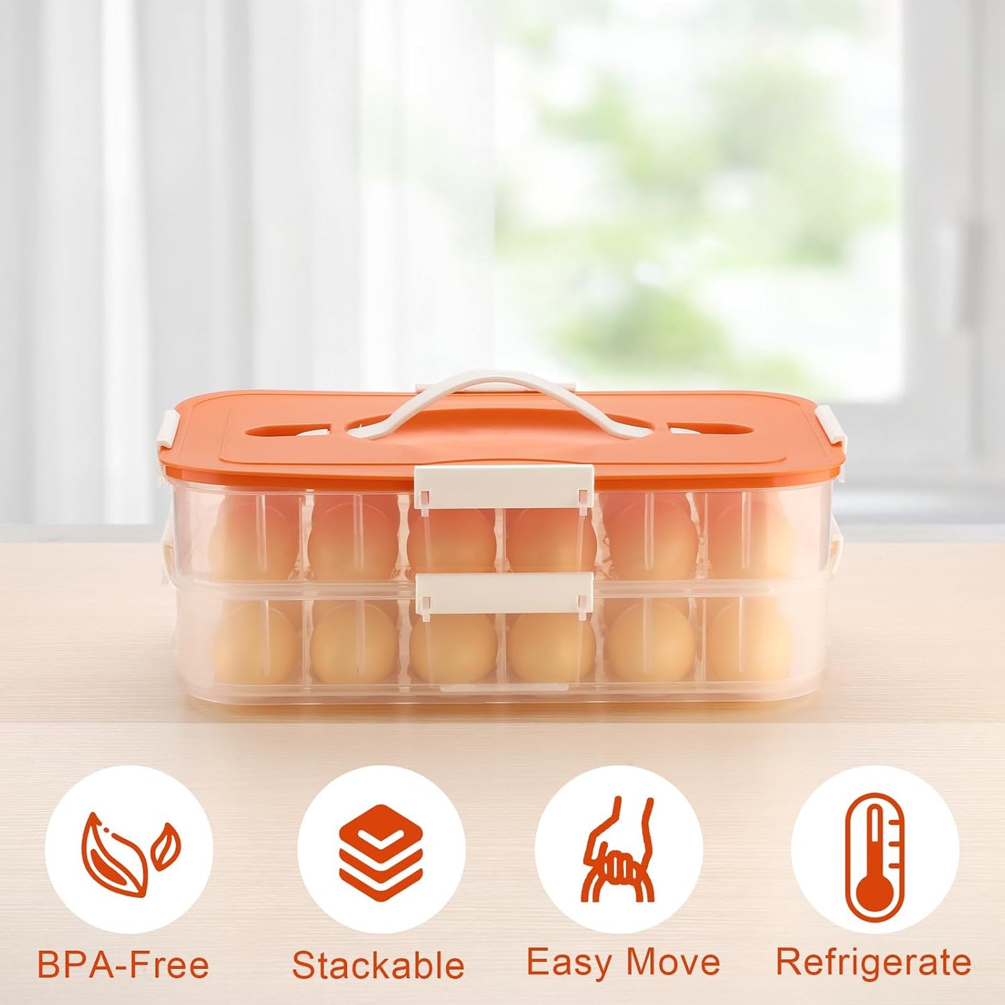 BTSKY Deviled Egg Platter with Lid, 3-Layer 54 Slots Deviled Eggs Carrier, Clear Portable Egg Holder for Fridge Reusable Deviled Eggs Tray Carton Box for Easter and Party Favor (3-Layer, Orange)