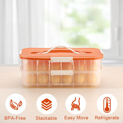 BTSKY Deviled Egg Platter with Lid, 3-Layer 54 Slots Deviled Eggs Carrier, Clear Portable Egg Holder for Fridge Reusable Deviled Eggs Tray Carton Box for Easter and Party Favor (3-Layer, Orange)