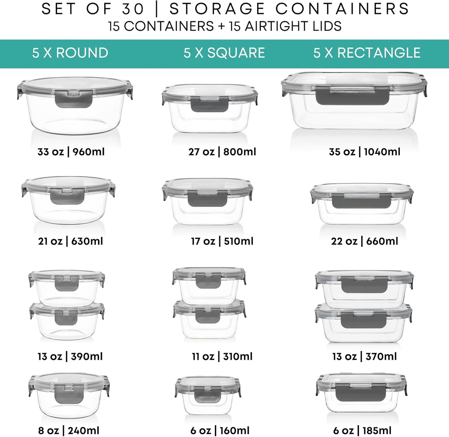Razab 30 PC Glass Food Storage Containers with Lids - Reusable Glass Meal Prep Containers for Lunch and Leftovers - Airtight & Leakproof Snap Locking Lids - Oven, Freezer, Microwave, Dishwasher Safe