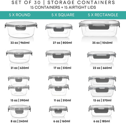 Razab 30 PC Glass Food Storage Containers with Lids - Reusable Glass Meal Prep Containers for Lunch and Leftovers - Airtight & Leakproof Snap Locking Lids - Oven, Freezer, Microwave, Dishwasher Safe