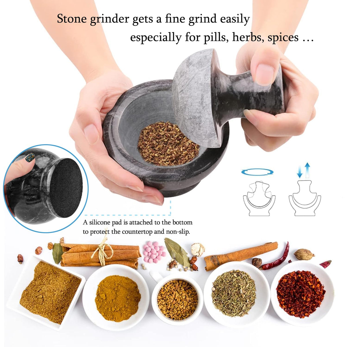 Mortar and Pestle Set, Marble Grinder for Pills Herbs Spices, 4", 1/2 Cup