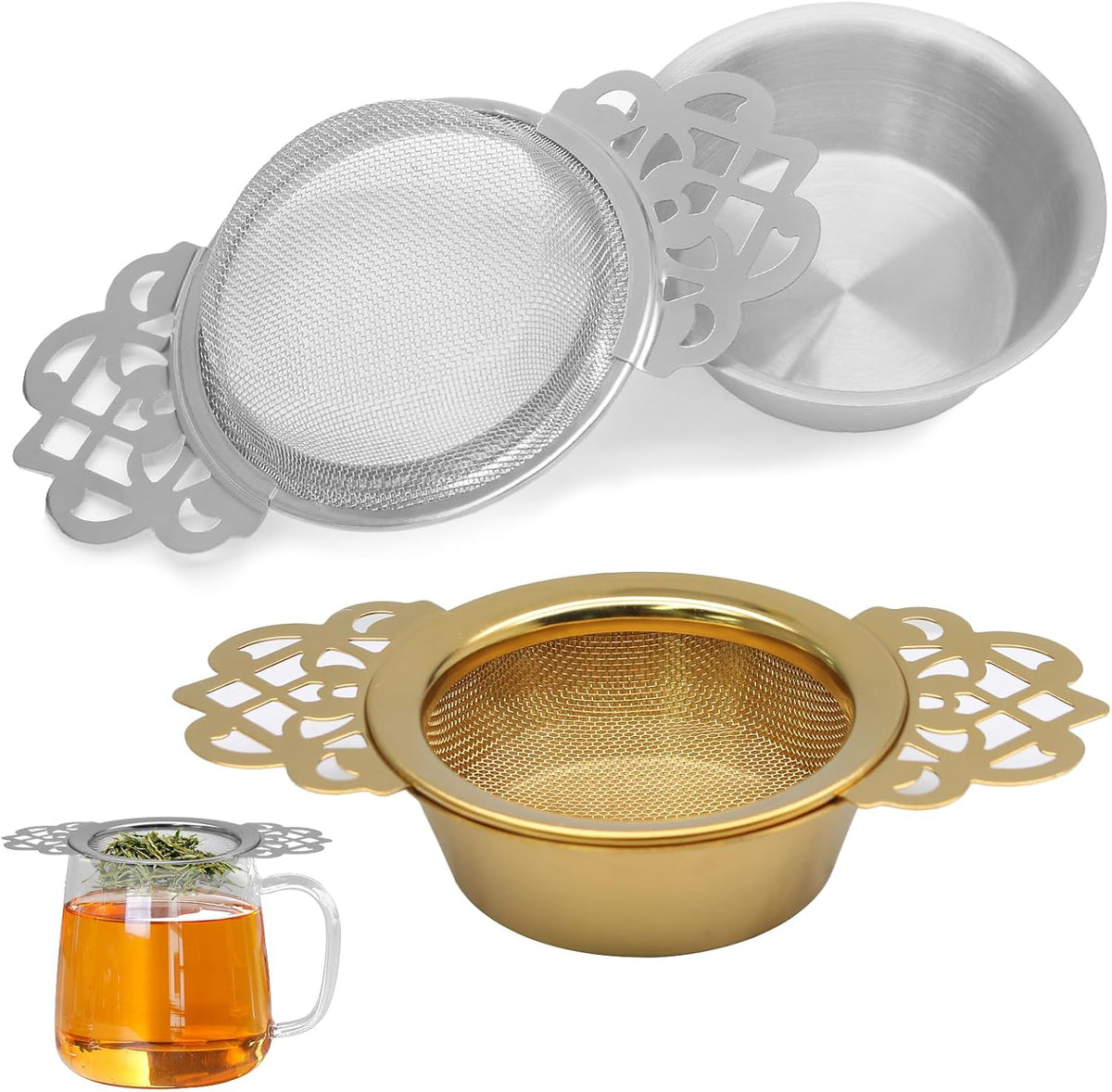 Tea Strainers with Drip Bowls, Gold, 2 Pack