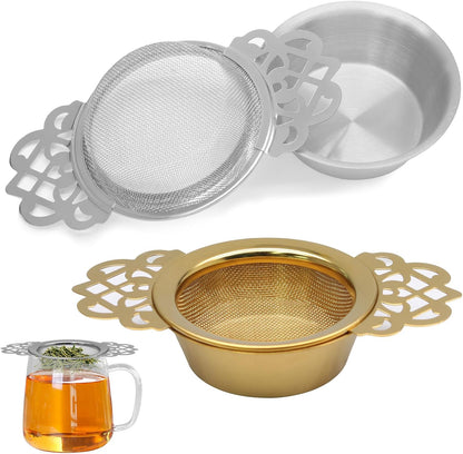 Tea Strainers with Drip Bowls, Gold, 2 Pack