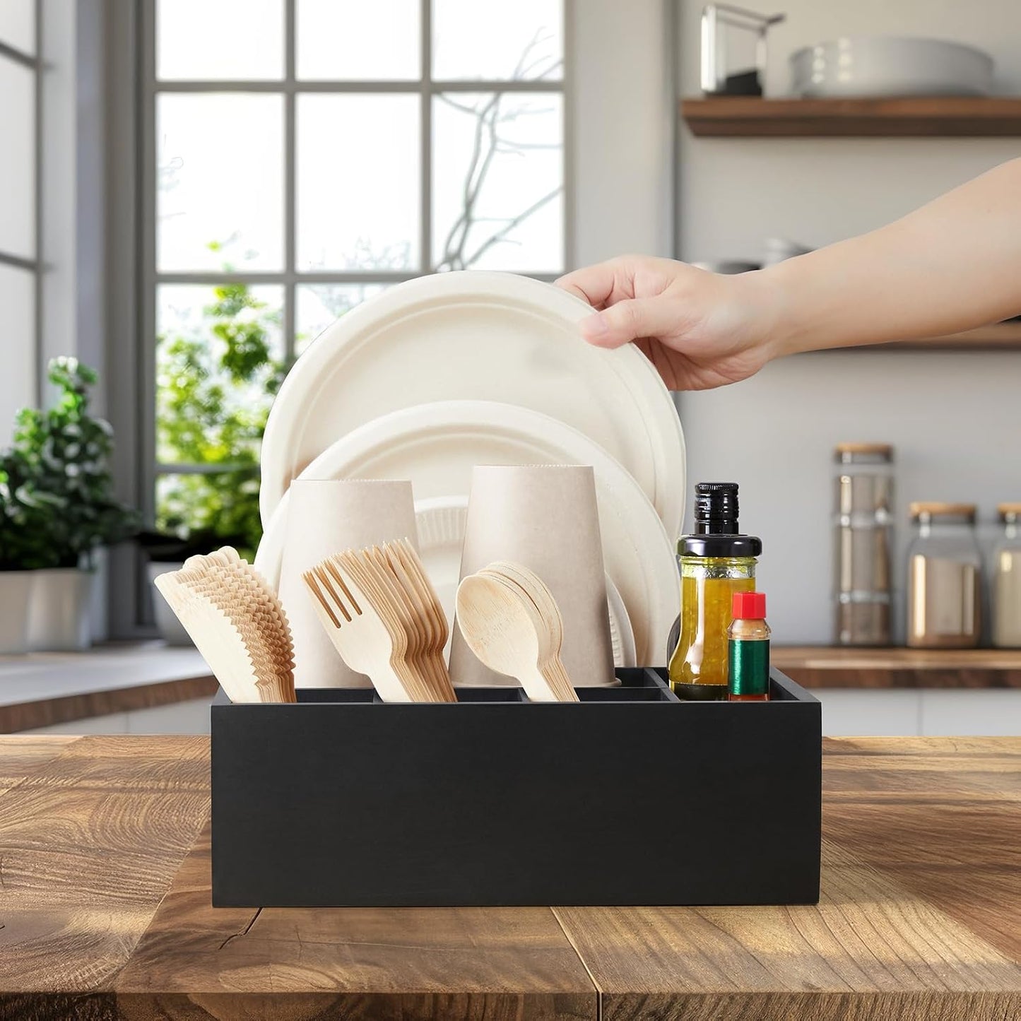 Acacia Wood Utensil Holder for Party, 6-Compartment Paper Plate and Silverware Organizer with Handles, Rustic Utensil Caddy for Parties, Outdoor Gatherings, and Kitchen Countertop Organization
