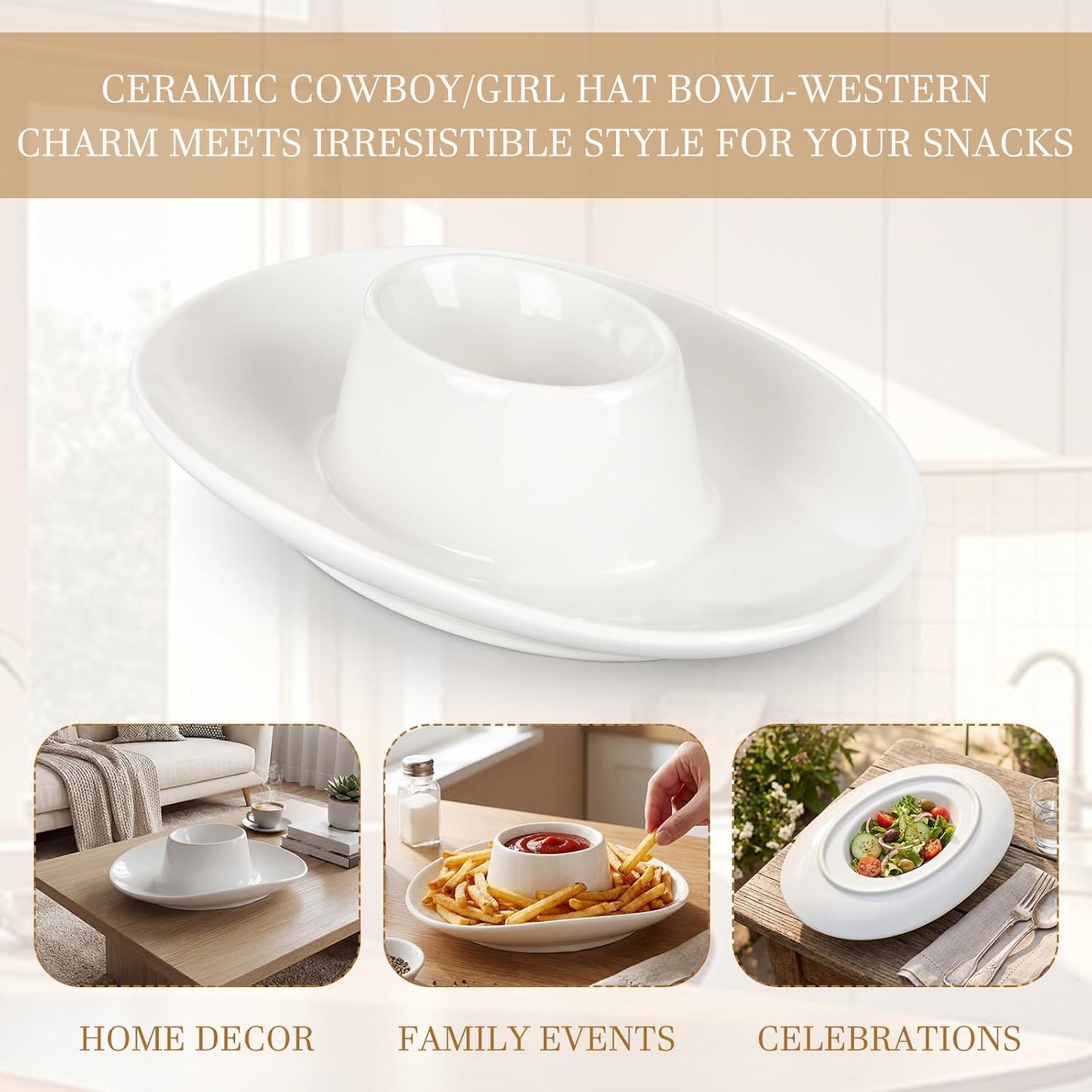Cowboy Hat Chip and Dip Bowl Small Ceramic Chips and Salsa Serving Dish 2 Ways Serve 9 x 6 x 2.6'' for Salsa Fries Nacho Veggies Fruit Party Minimalist Decoration Modern Hostess Gift