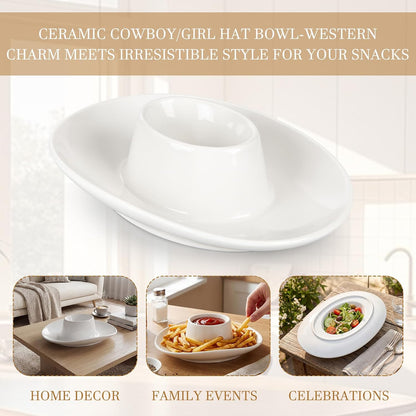 Cowboy Hat Chip and Dip Bowl Small Ceramic Chips and Salsa Serving Dish 2 Ways Serve 9 x 6 x 2.6'' for Salsa Fries Nacho Veggies Fruit Party Minimalist Decoration Modern Hostess Gift