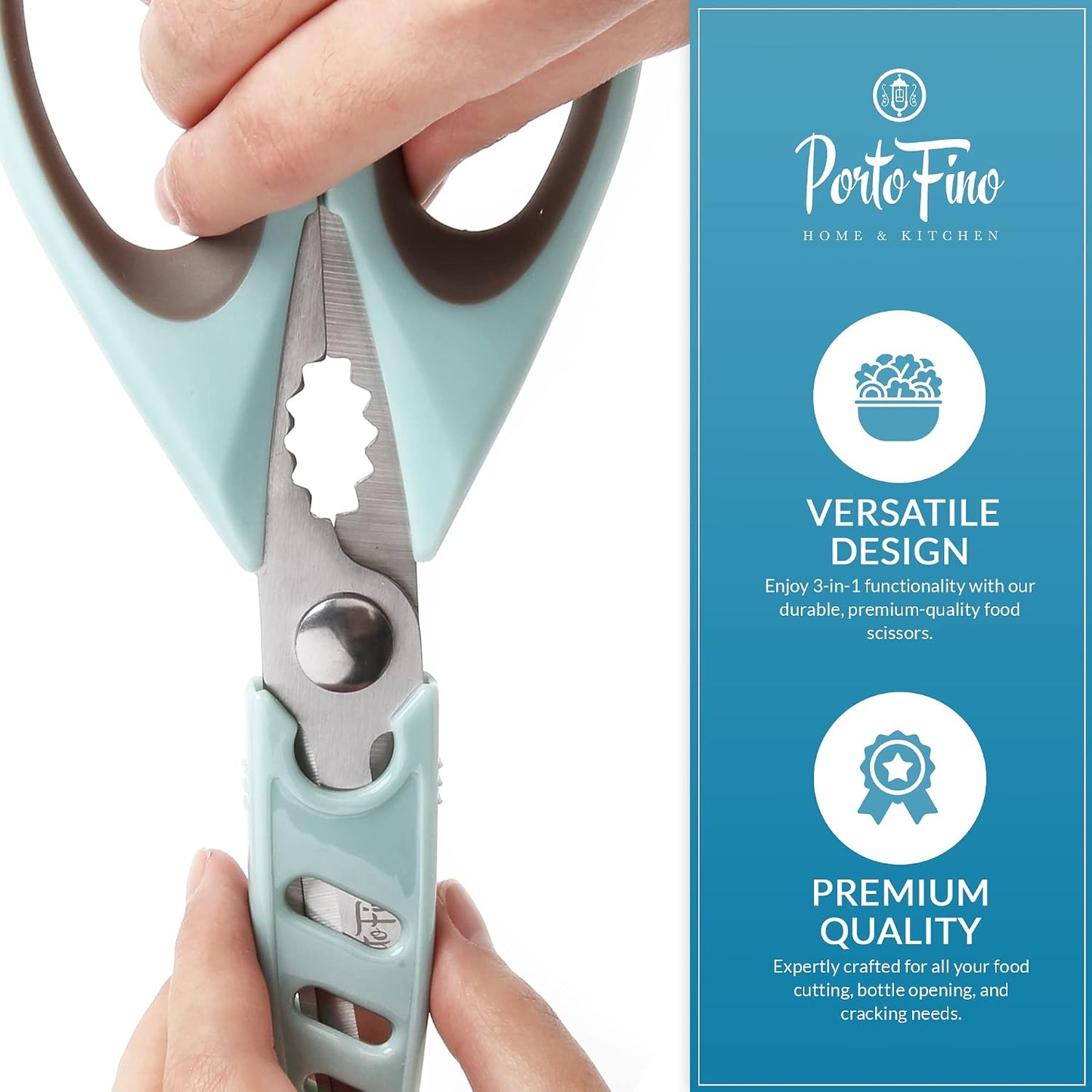 PortoFino Kitchen Scissors for Food, Stainless Steel Shears, Cooking Scissors for Chicken, Fish, Herbs, Lightweight and designed with a soft Non-Slip Grip, Protect Cover, Dishwasher Safe, Blue
