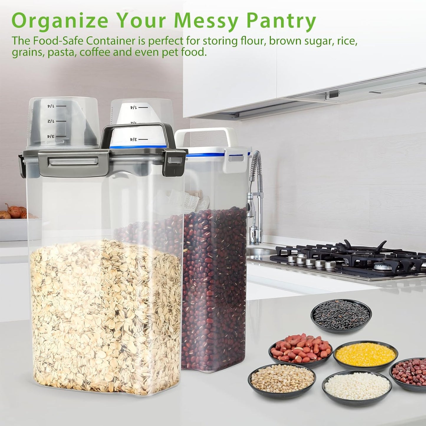Viretec Rice Storage Container, 15 to 20lb Dry Food Airtight Dispenser, Pet Dog Cat Food Canister, BPA Free Clear Plastic Kitchen and Pantry Bin for Oatmeal, Cereal, Pasta, Flour Pack of 2 Grey