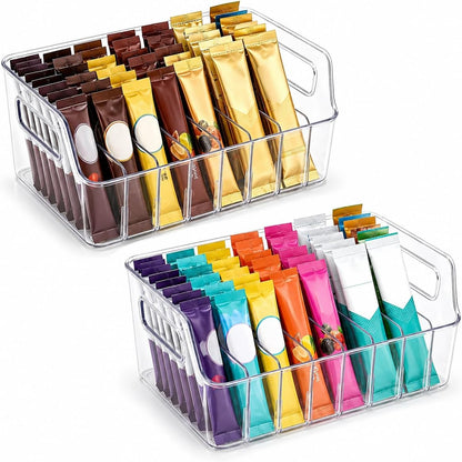 Drink Packet Organizer, 2 PCS Acrylic Water Packet Organizer for Water Flavor Drink Mix, 8 Compartment Sugar Packet Holder with Removable Divider, Pantry Storage Bin for Kitchen Organization