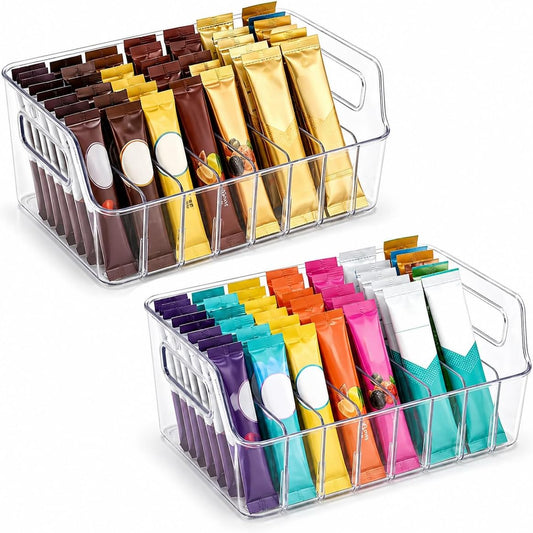 Drink Packet Organizer, 2 PCS Acrylic Water Packet Organizer for Water Flavor Drink Mix, 8 Compartment Sugar Packet Holder with Removable Divider, Pantry Storage Bin for Kitchen Organization