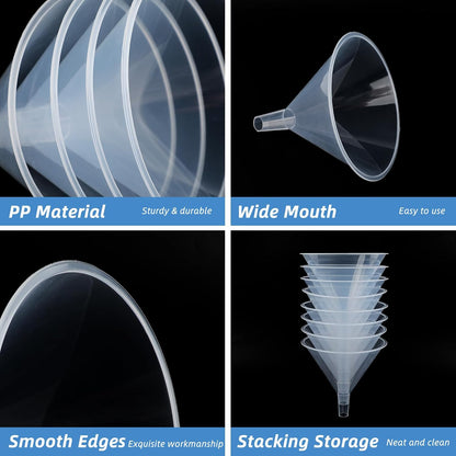 6 Inch Wide Mouth Plastic Large Funnels,Multi-Purpose Clear Funnels with with Reaching Spout for Water Bottles,Oils,Kitchen, Easy and Smooth Content Transfer