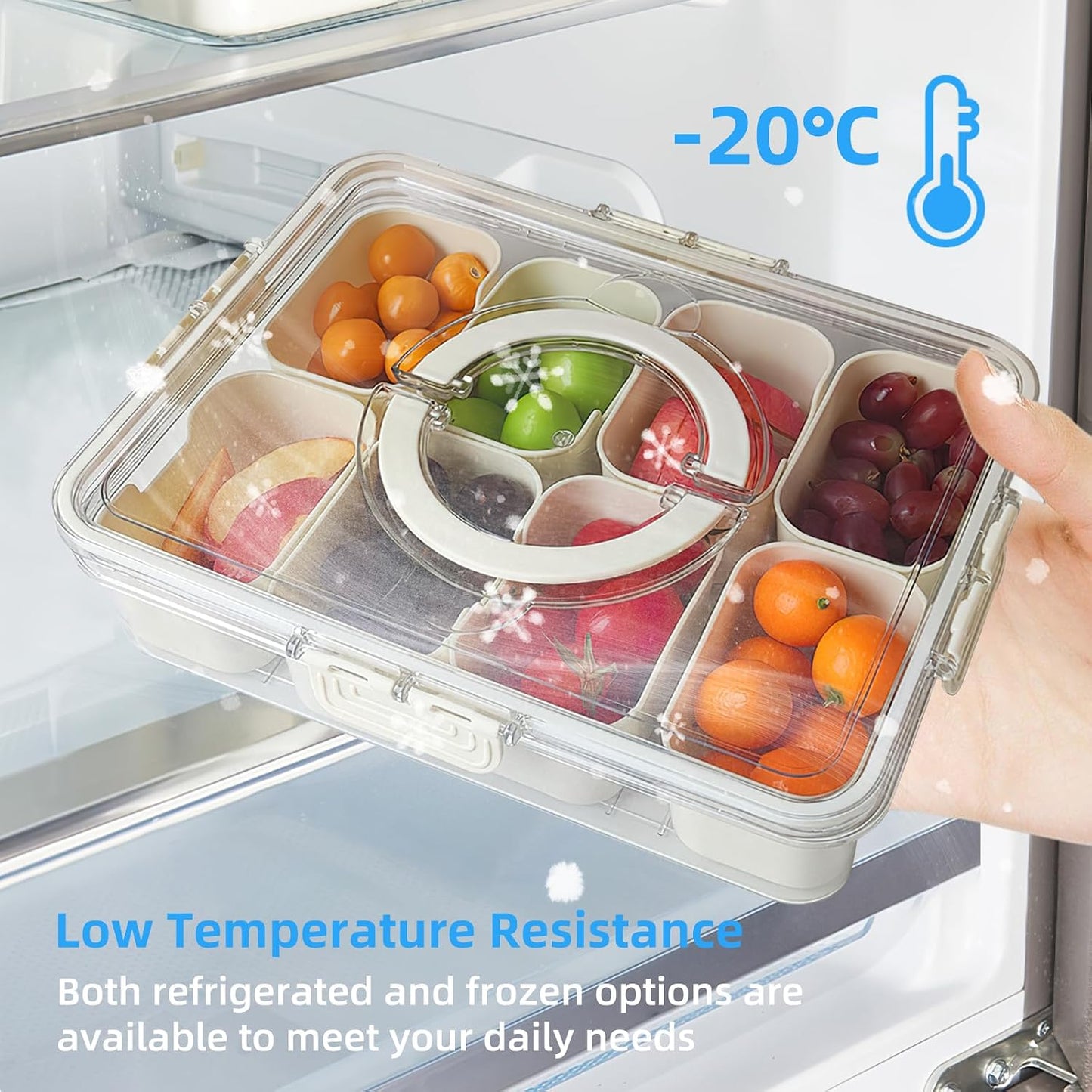 Snackle Box Container 8-Section,Clear Divided Tray w/Secure Lid & Handle,Perfect Organizer for Fruits, Veggies, Candy & Charcuterie,Dishwasher Safe,Ideal for Travel, Parties & Picnics!(1)