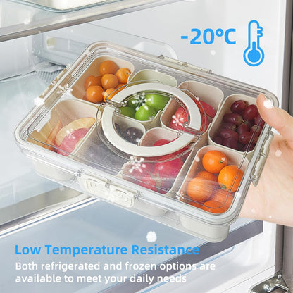 Snackle Box Container 8-Section,Clear Divided Tray w/Secure Lid & Handle,Perfect Organizer for Fruits, Veggies, Candy & Charcuterie,Dishwasher Safe,Ideal for Travel, Parties & Picnics!(1)