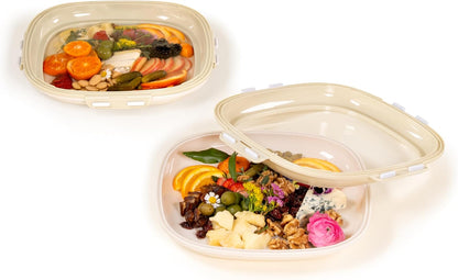 Crudités | Portable Snack Tray | Rectangle 2-Pack | Cream White | Reversible Stretch Lid Food Containers | BPA-Free, Freezer & Dishwasher Safe | Meal-Prep, Charcuterie, Salads, Picnic, Travel