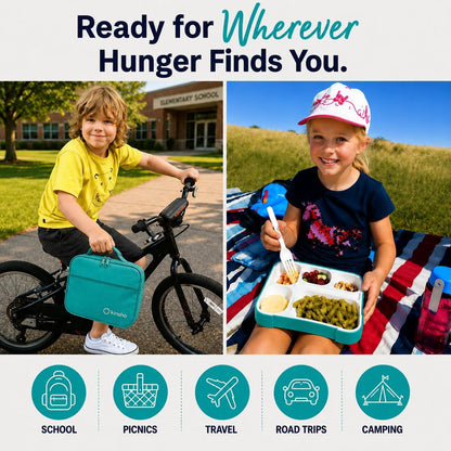 kinsho Lunch Box for Kids Boys Girls - Bento Box Set with Insulated Bag and Ice Pack, 6 Compartment Leak Proof Food Container, BPA-Free, Microwave Safe, Ideal for School & Work, Teal