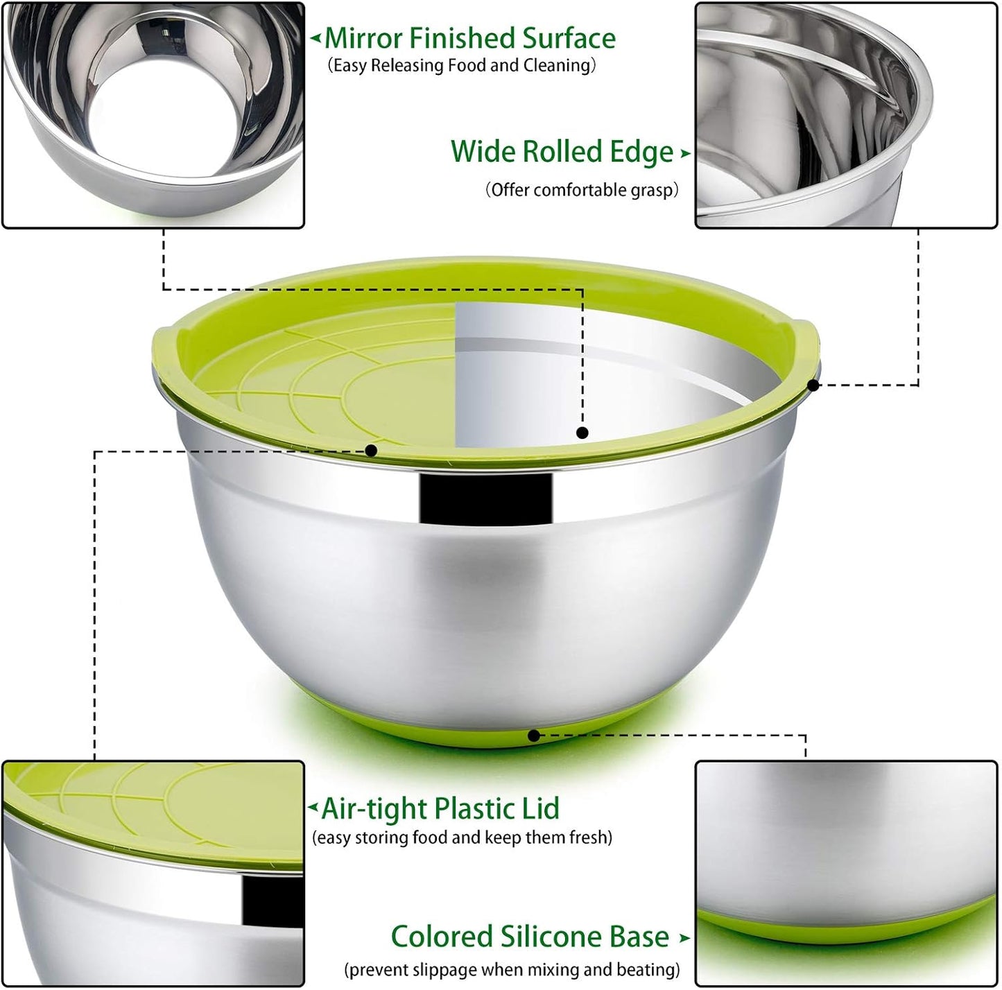 P&P CHEF Mixing Bowls with Lids Set of 5, Stainless Steel Nesting Salad Bowl with Lid & Base for Non-slip Mixing Prepping Storing Serving, 5 Sizes-7/3.5/2.5/1.5/1 QT, Khaki