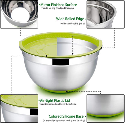 P&P CHEF Mixing Bowls with Lids Set of 5, Stainless Steel Nesting Salad Bowl with Lid & Base for Non-slip Mixing Prepping Storing Serving, 5 Sizes-7/3.5/2.5/1.5/1 QT, Khaki