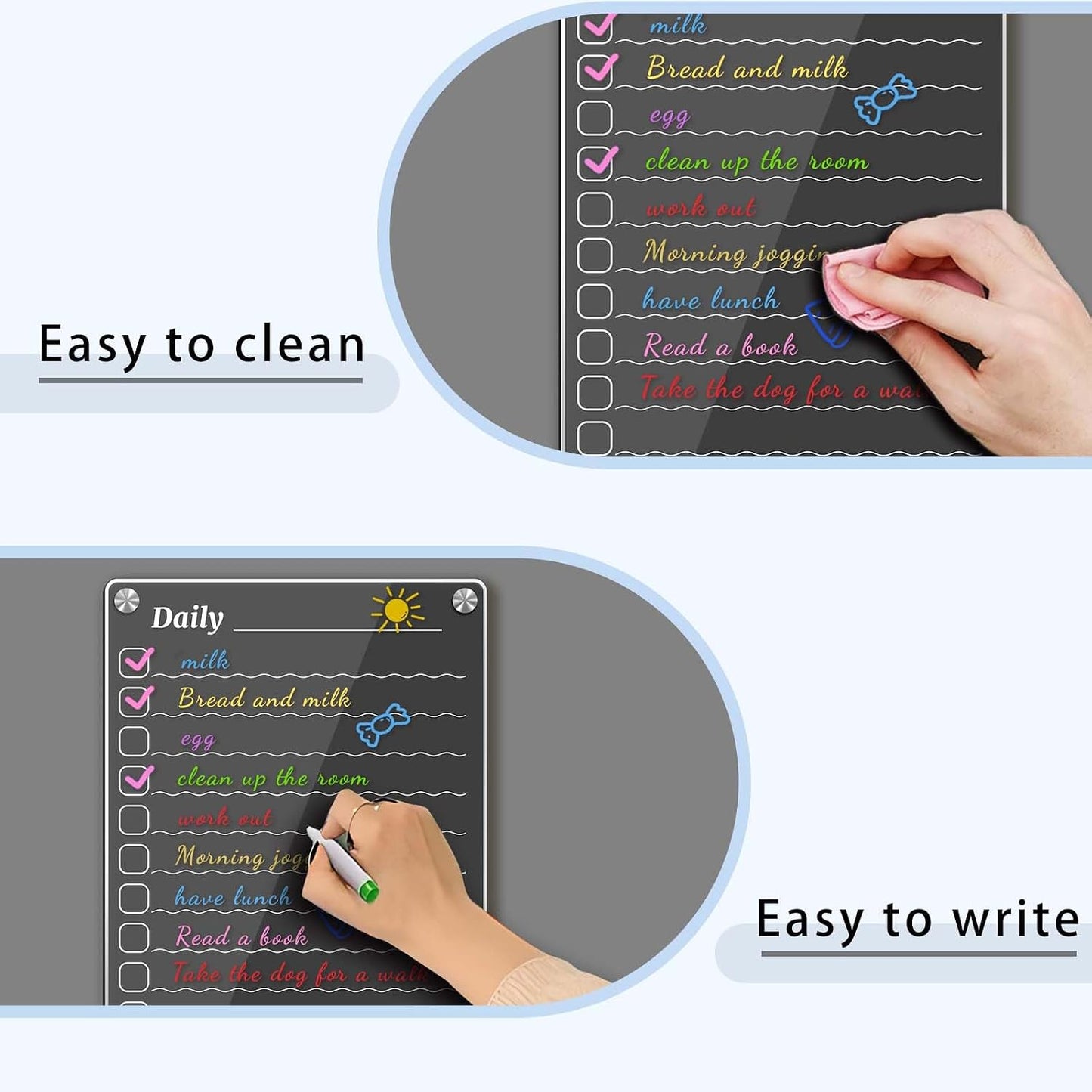 4Pcs Fridge Calendar Set, Clear Magnetic Dry Erase Daily, Weekly, Monthly Planners & Menu Board, w/ 2 Packs of 8 Markers