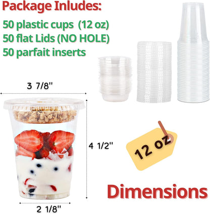 Aatriet Clear Plastic Parfait Cups with Insert &Lids No Hole - Yogurt Fruit Parfait Cups for Kids, for Dips and Veggies, Take Away Breakfast and Snacks. No Leaking (12oz. flat, 50sets)