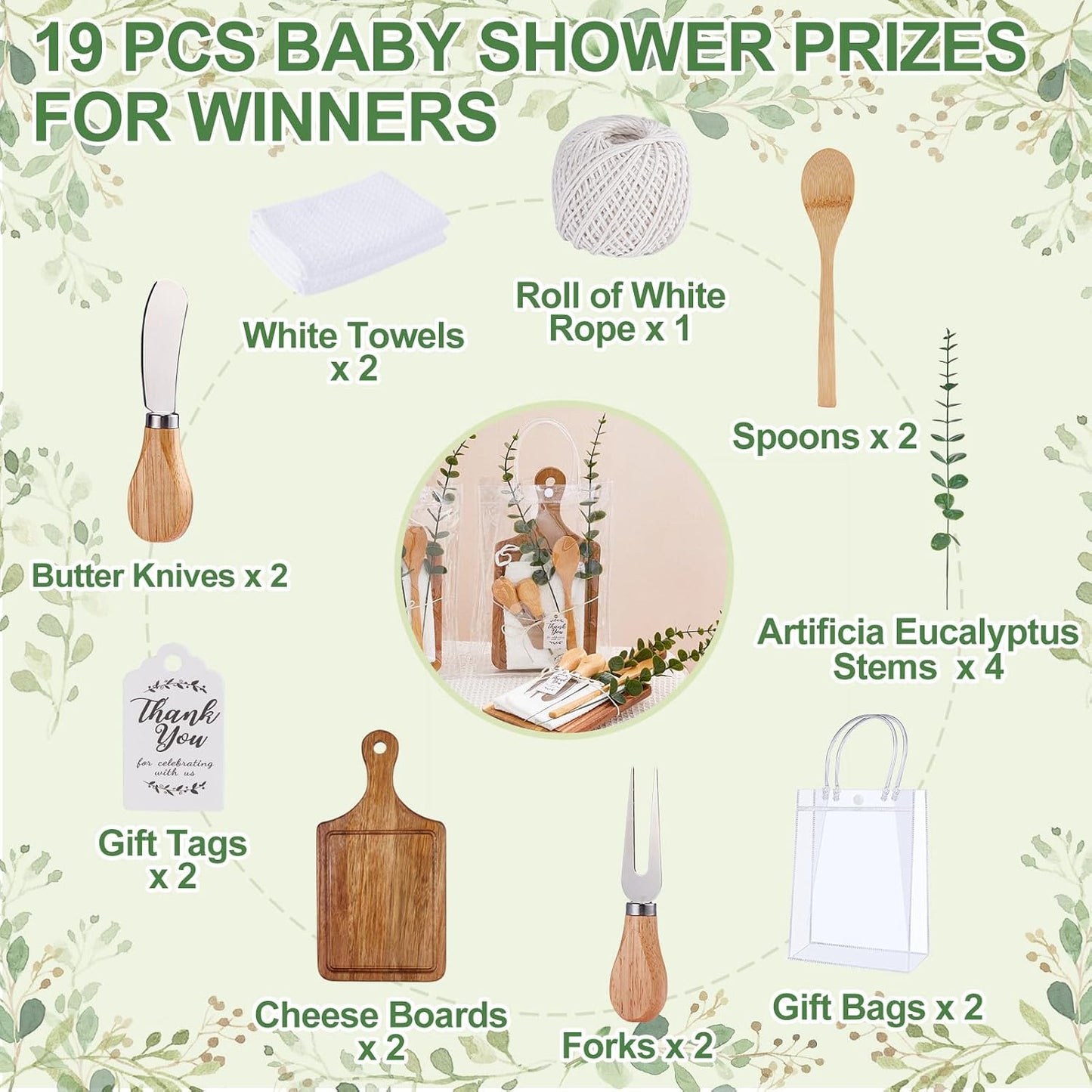 Baby Shower Prizes for Game Winners Bamboo Cheese Board Spoon Fork Butter Spreaders Plaid Towel Thank You Card and Gift Bags for Baby Shower Wedding Bridal Shower Favors (Acacia, 6 Sets)