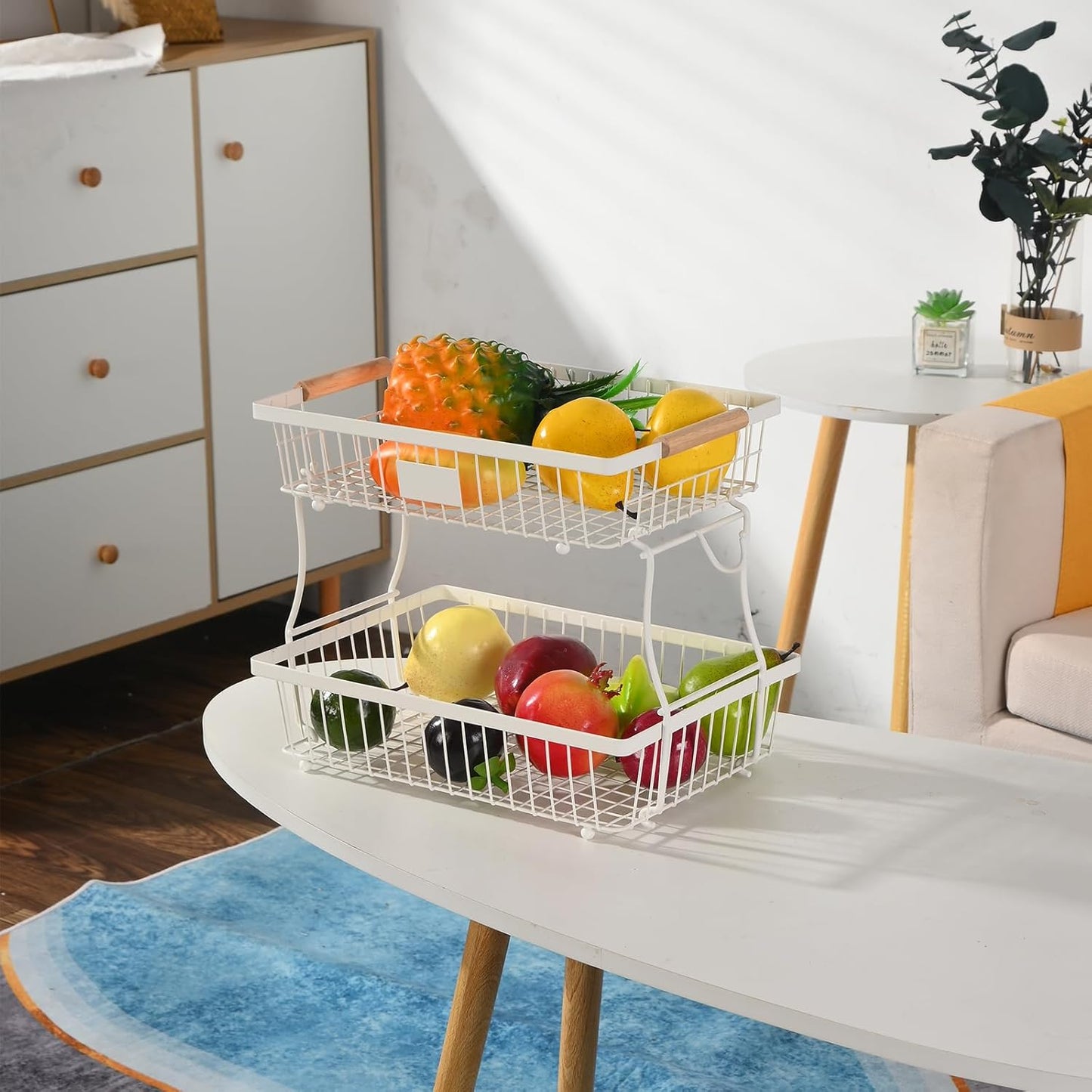 Fruit Basket Bowl 2 Tier Detachable with 2 Banana Hangers, Fruit Stand Holder for Kitchen Countertop, Metal Wire Vegetable Storage Organizer, for Bread Snack Veggies Produce, Black