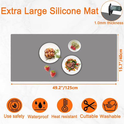 72''x16'' Extra Large Silicone Mat for Kitchen Counter, Heat Resistant Countertop Protector, Non-Slip Waterproof Kitchen Island Mat, Easy to Clean, Light Gray