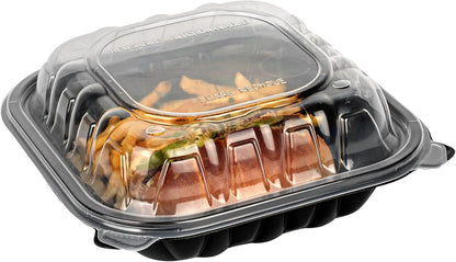 Thermo Tek 40 Ounce Clamshell Containers, 50 Disposable Take Out Boxes - 3 Compartments, Ventilated Lids, Black Plastic Meal Prep Containers, Microwavable, For Pasta Or Salads - Restaurantware