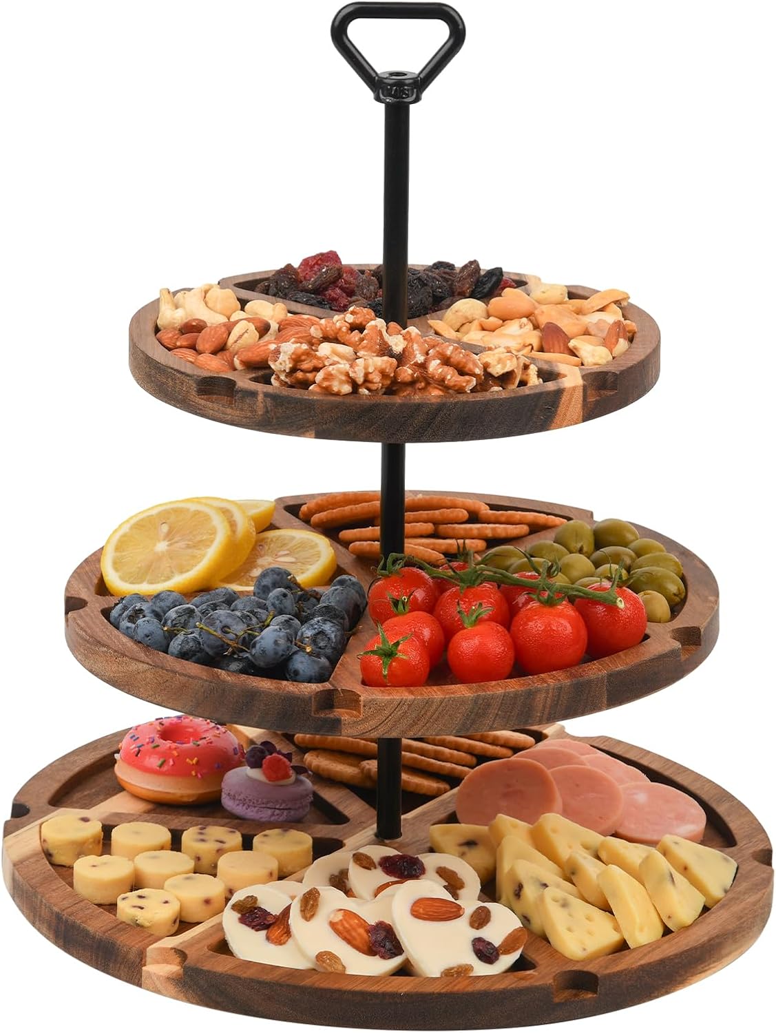 Elegant Charcuterie Boards Three Tiered Acacia Cheese Board and Cupcake Stand with 360° Easy-to-Spin Trays, Perfect for Gatherings, Housewarming Gifts, Celebrations, and Daily Usage.