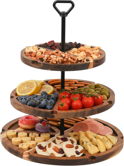 Elegant Charcuterie Boards Three Tiered Acacia Cheese Board and Cupcake Stand with 360° Easy-to-Spin Trays, Perfect for Gatherings, Housewarming Gifts, Celebrations, and Daily Usage.