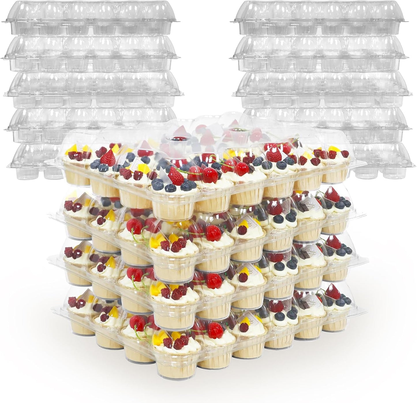 WIKDAY 24 Count x 10 Sets Plastic Cupcake Containers, Durable and BPA-Free Cupcake Holder with Lid for Easy Transport Storage, Stackable Clear Cupcake Carriers, Reusable Dessert Boxes