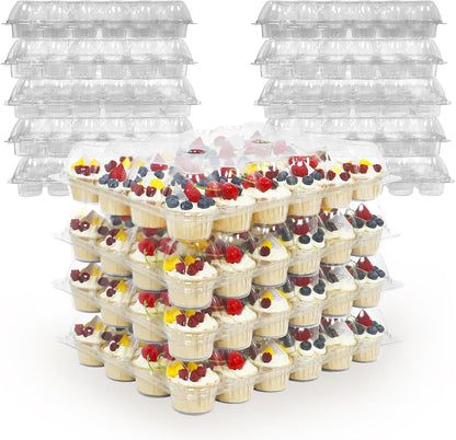 WIKDAY 24 Count x 10 Sets Plastic Cupcake Containers, Durable and BPA-Free Cupcake Holder with Lid for Easy Transport Storage, Stackable Clear Cupcake Carriers, Reusable Dessert Boxes