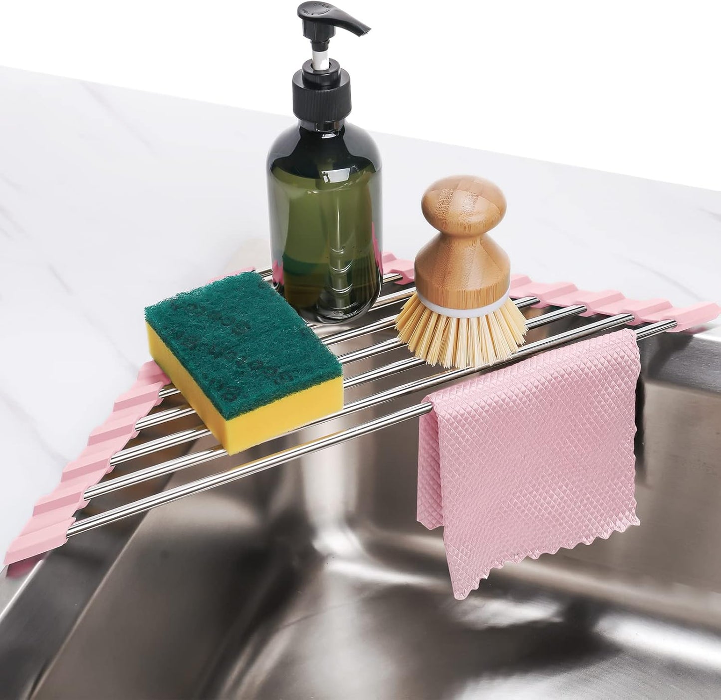 Tomorotec Foldable Stainless Steel Triangle Roll-Up Dish Drying Rack for Small Sink Corners - Over-The-Sink Multipurpose Kitchen Drainer, Rustproof Organizer, Trivet and Shelf - Space-Saving (Black)